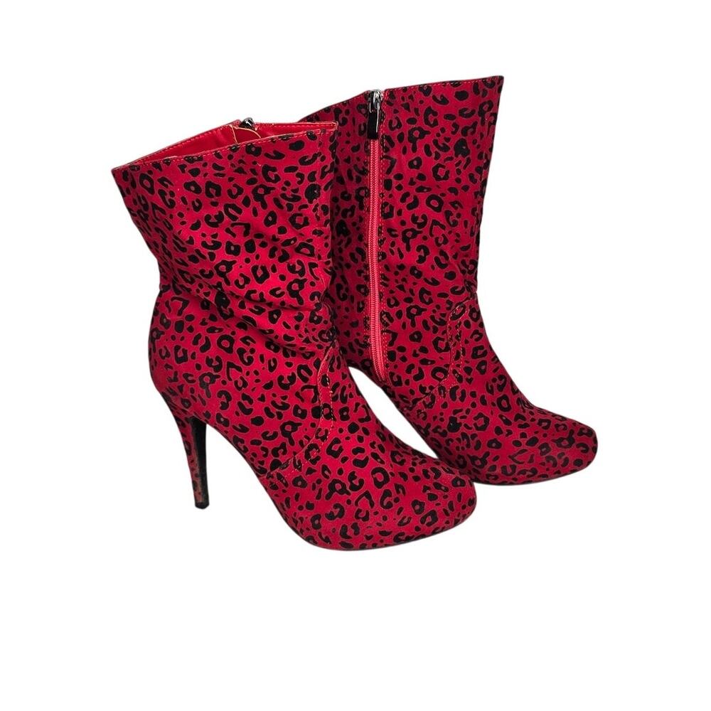 Mascotte Red Black Leopard Cheetah Print Stiletto Heel Mid Calf Boots Size 8